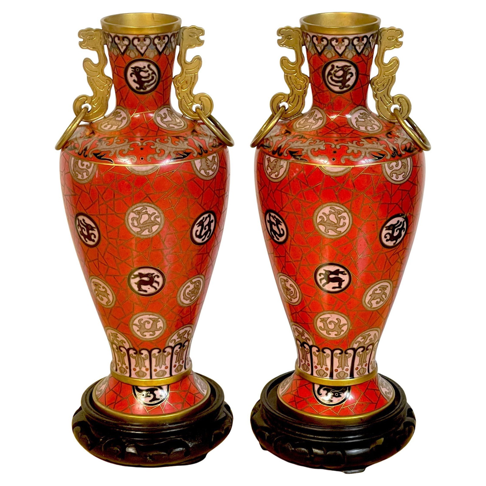 Set of 2 Chinese Cloisonne Zodiac Vases with Stands: Set of 2 Chinese Cloisonne Zodiac Vases with Stands This exquisite pair of Chinese red cloisonne zodiac vases showcases the artistry of the 20th century. Each vase, standing at 12 inches in height, is