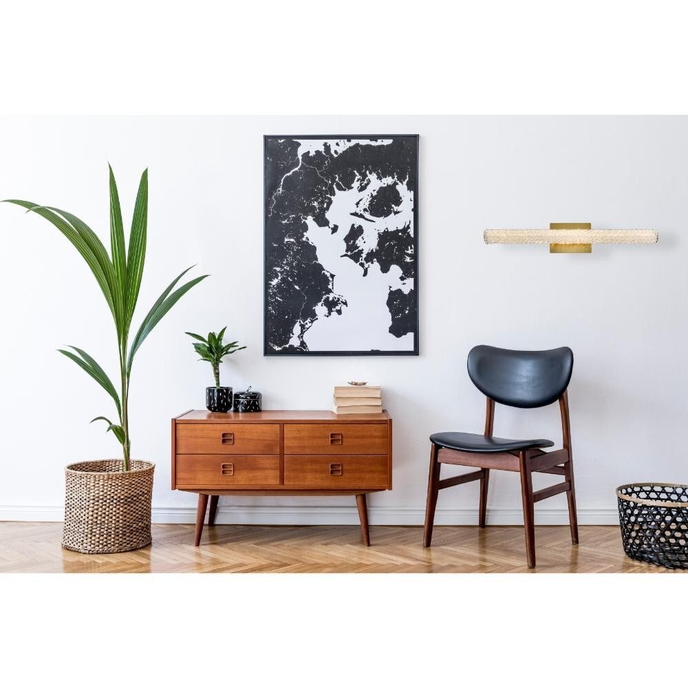 Bowen 30 Inch Satin Gold Crystal LED Wall Sconce: Bowen 30 Inch Satin Gold Crystal LED Wall Sconce This modern crystal wall sconce features a sleek, horizontal design with a 30-inch length and a satin gold finish. It is crafted from durable stainless