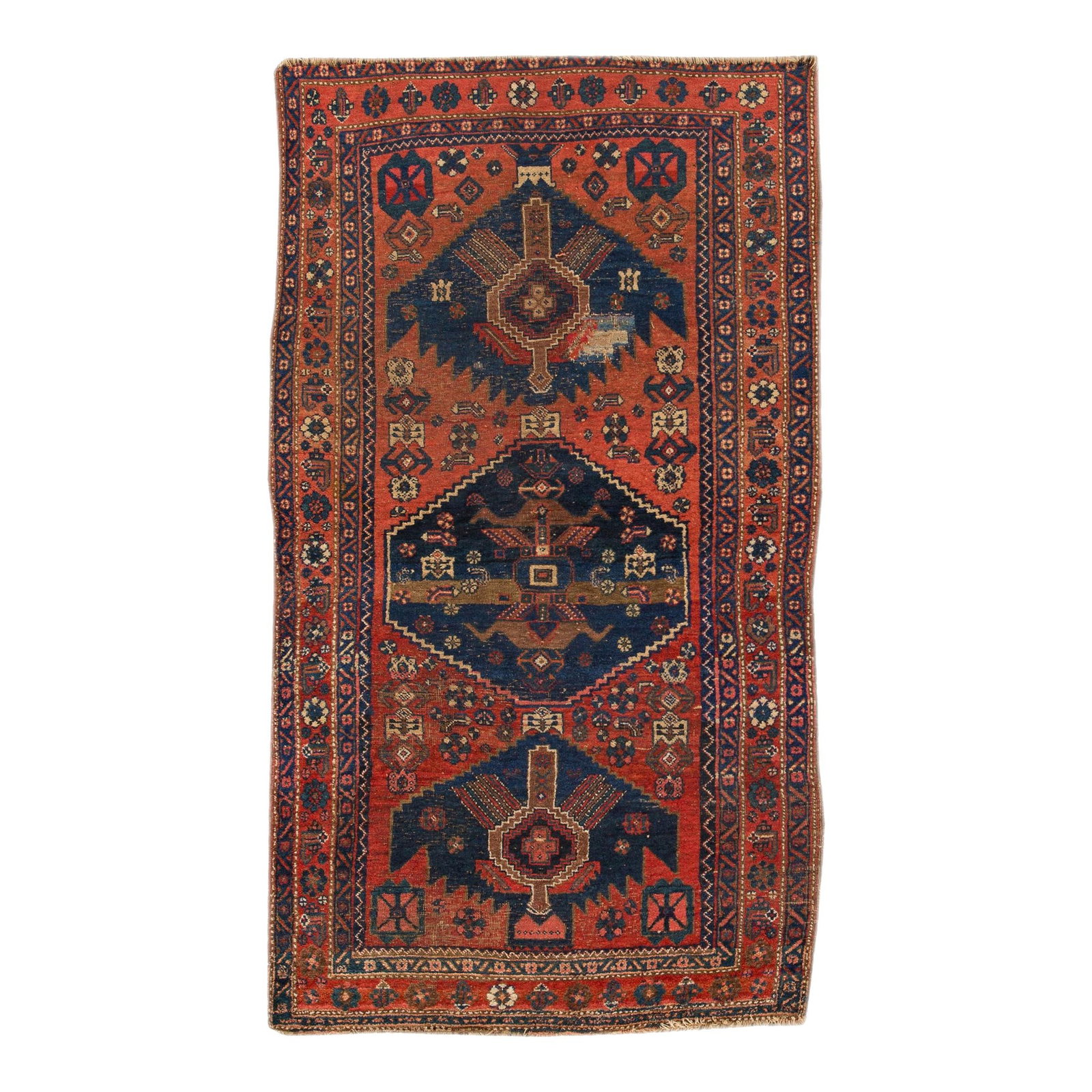 Vintage Persian Hand-Knotted Red Wool Rug 4' x 7'3" Medallion Design: Vintage Persian Hand-Knotted Red Wool Rug 4' x 7'3" Medallion Design This stunning vintage Persian hand-knotted wool rug features a vibrant red field adorned with a multi-color all-over medallion desi