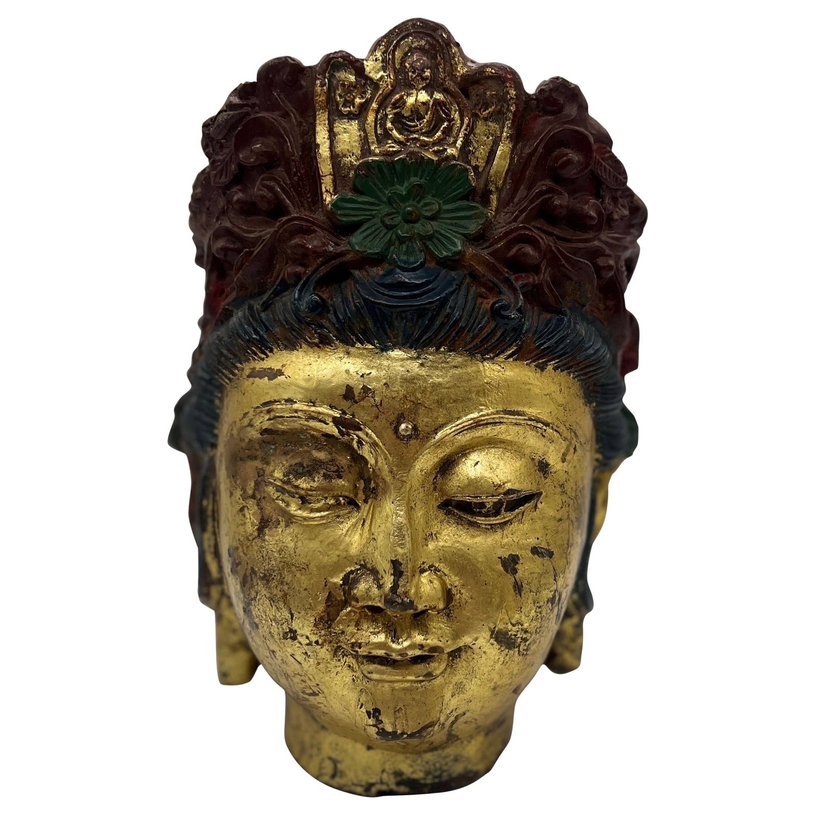 19th Century Tibetan Cast Iron Buddha Head with Gold Leaf and Polychrome: 19th Century Tibetan Cast Iron Buddha Head with Gold Leaf and Polychrome This stunning Antique Tibetan Buddha Head is crafted from cast iron and features exquisite polychrome decoration with an antiqu