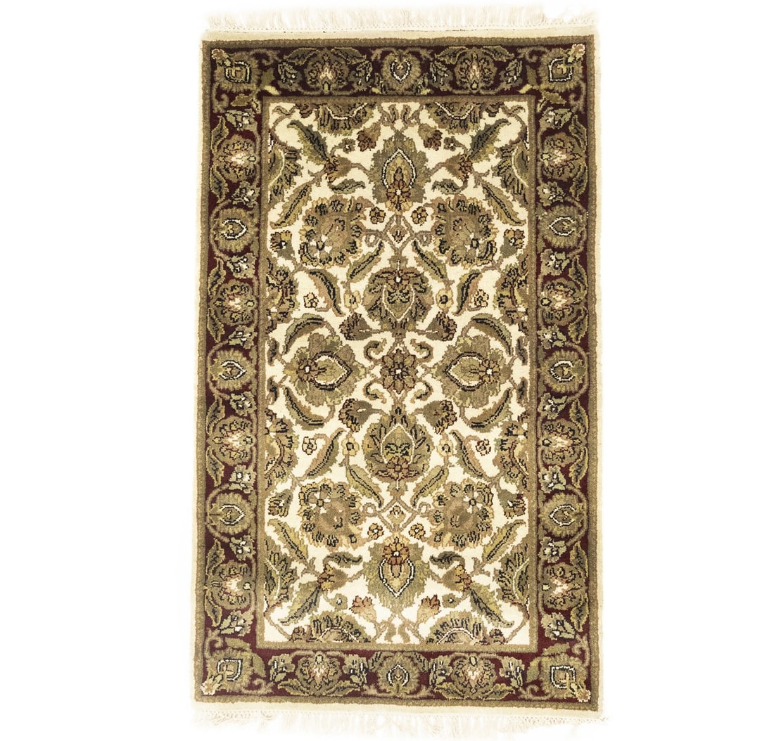Hand Knotted Wool Agra Jaipur Accent Rug 3 x 5: Hand Knotted Wool Agra Jaipur Accent Rug 3 x 5 This handmade Agra Jaipur area rug features a traditional floral pattern in a rich palette of cream, red, brown, golden beige, and black. Expertly hand-k