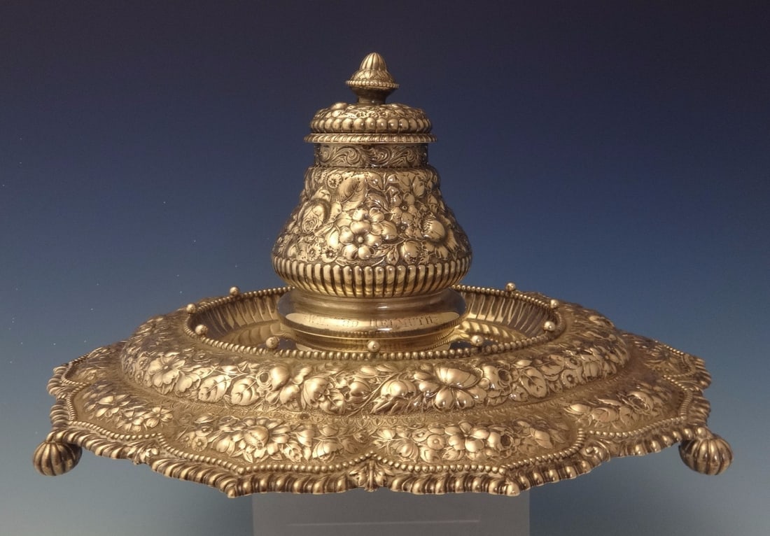 Gorham 1887 Repousse Sterling Silver Inkwell with Monogram (1 of 7)