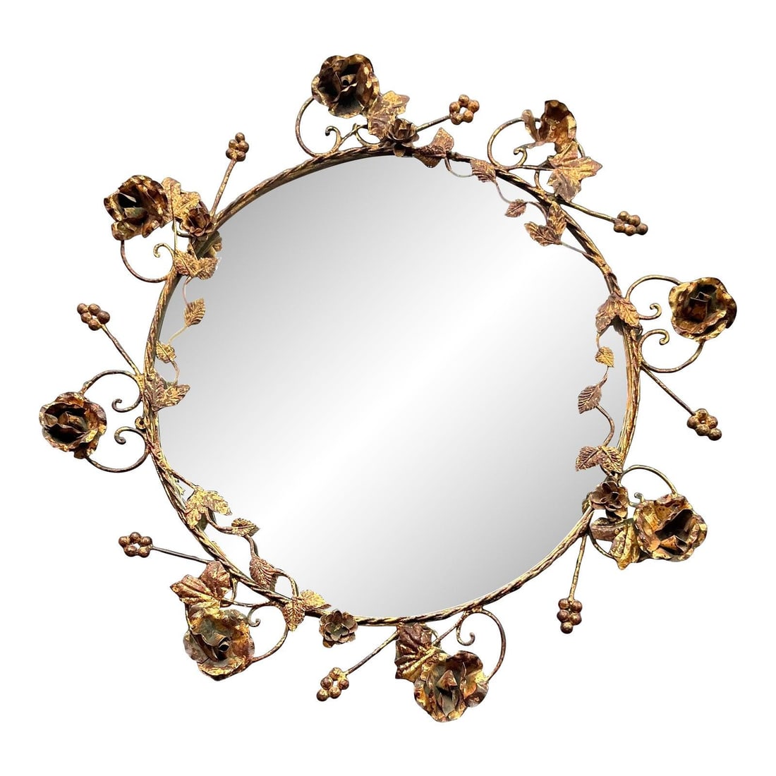 Sculpted Iron Rose Vine Mirror With Gilt Accents Vintage Hollywood Regency Style: Sculpted Iron Rose Vine Mirror With Gilt Accents Vintage Hollywood Regency Style This vintage Regency mirror features a sculpted metal frame designed with twisting rose vines, delicate leaves, and ros