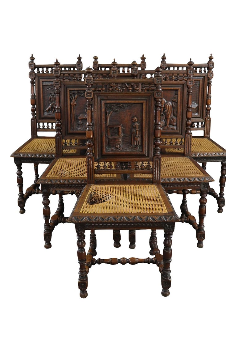 Elegant 1890 Brittany Dining Chairs Set from France: Elegant 1890 Brittany Dining Chairs Set from France Discover the charm of these elegant Brittany style dining chairs from France, dating back to 1890. Crafted from chestnut, these chairs feature a uni