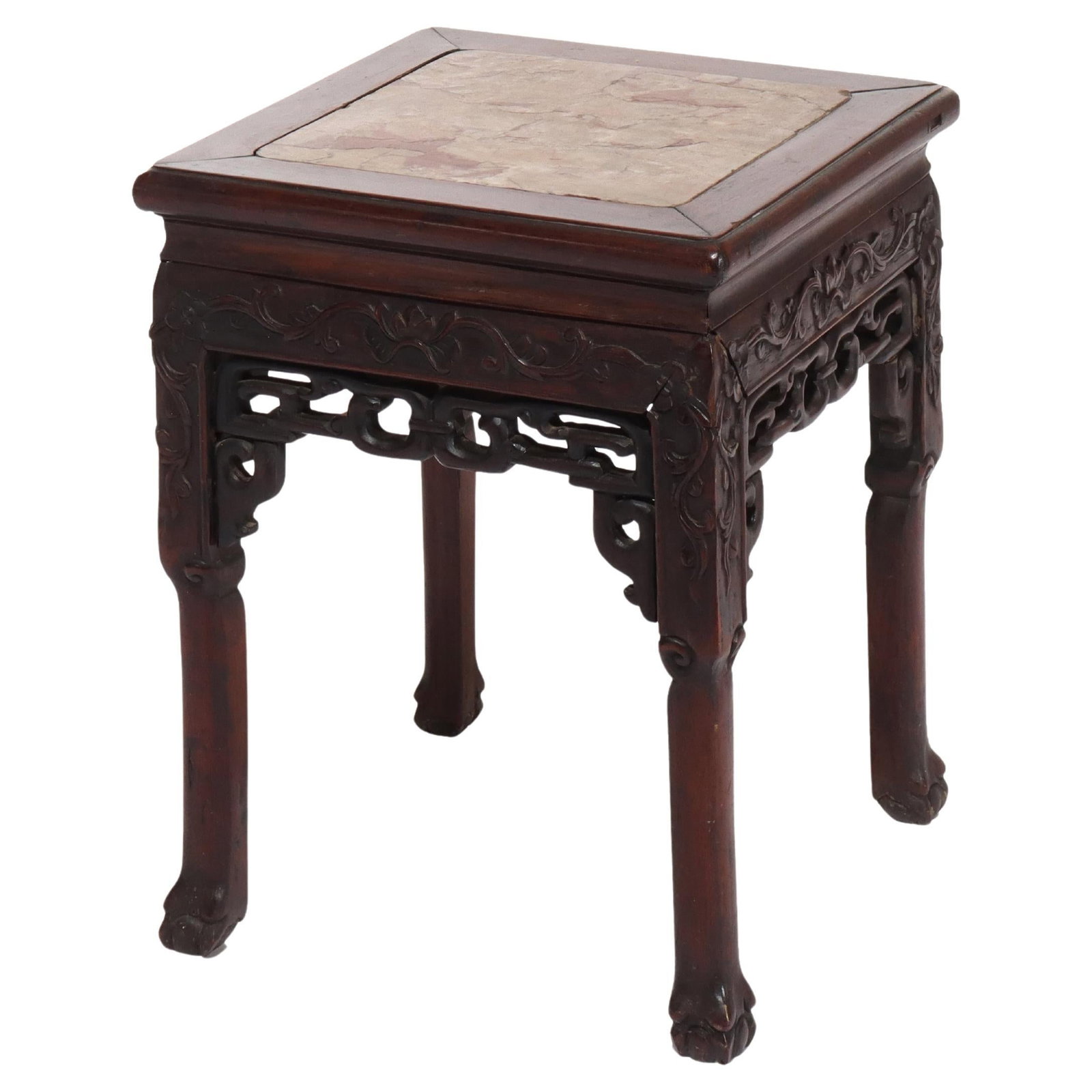 Antique Chinese Hardwood Table with Rouge Marble Top C1920: Antique Chinese Hardwood Table with Rouge Marble Top C1920 Discover a remarkable piece of history with this Antique Chinese Carved Hardwood Table, dating back to circa 1920. This exquisite table featu