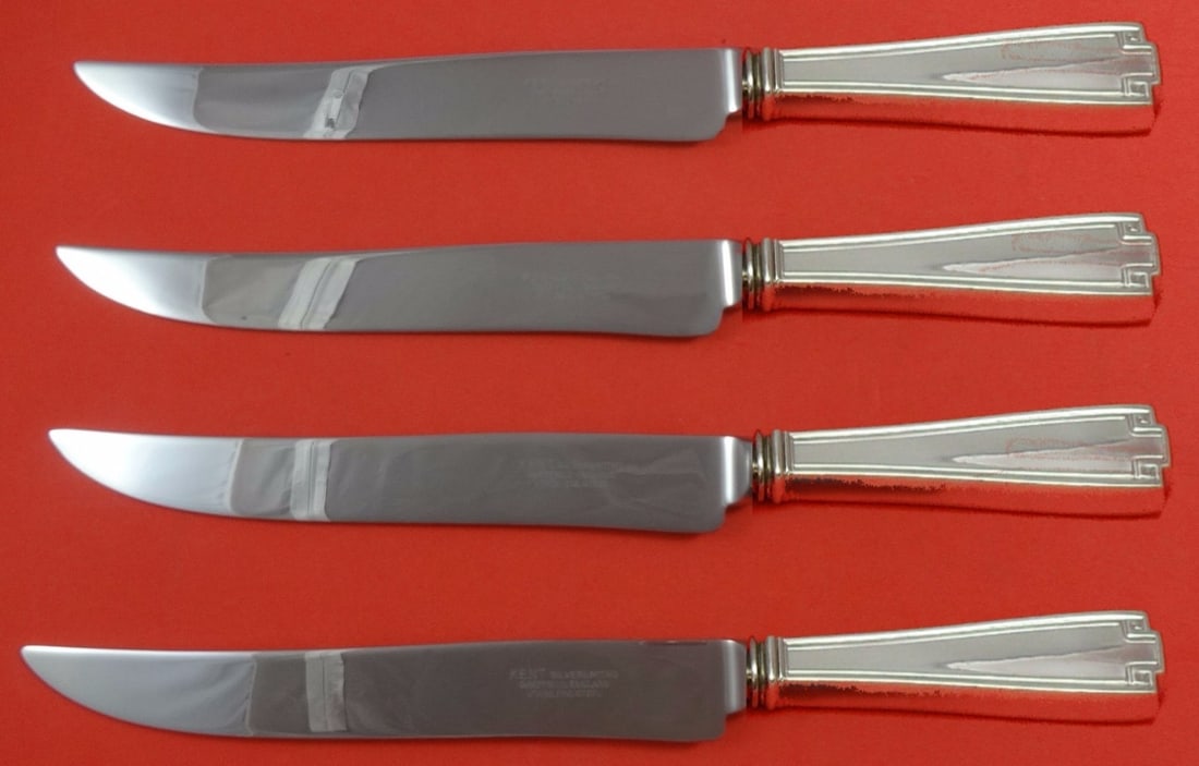 Gorham Etruscan Sterling Silver Steak Knife Set 4pc Texas Sized: Gorham Etruscan Sterling Silver Steak Knife Set 4pc Texas Sized Introducing a vintage 4-piece steak knife set in the stunning Etruscan pattern by Gorham. This exquisite flatware features an Art Deco-i
