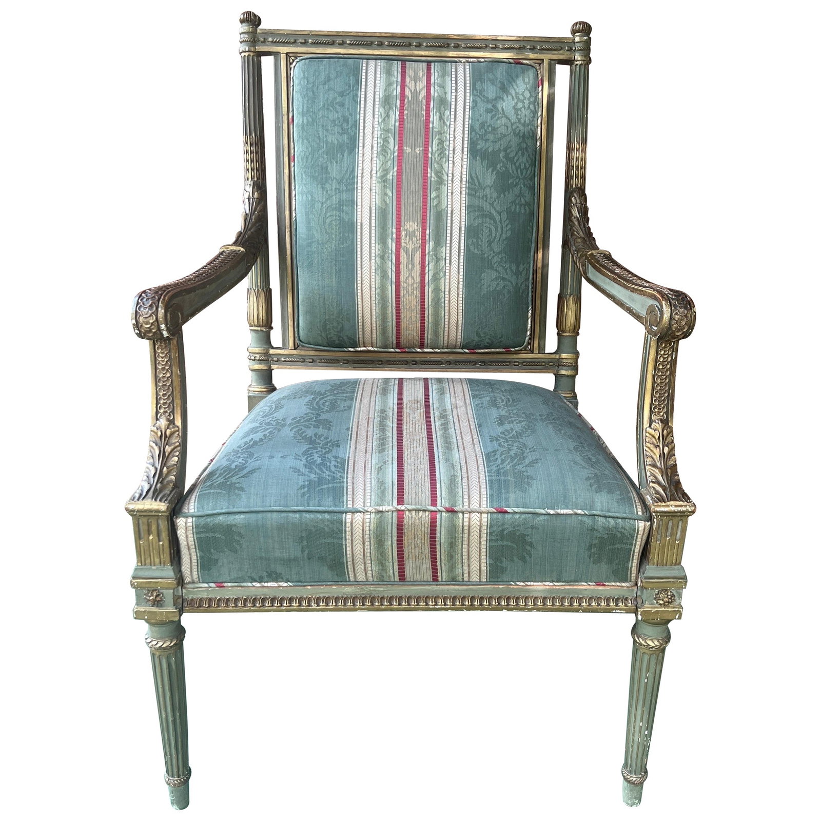 Georges Jacob Louis XVI Style Gilt Wood Armchair 19th Century: Georges Jacob Louis XVI Style Gilt Wood Armchair 19th Century This exquisite armchair, attributed to Georges Jacob, showcases the elegance of Louis XVI style with remarkable craftsmanship. The chair f