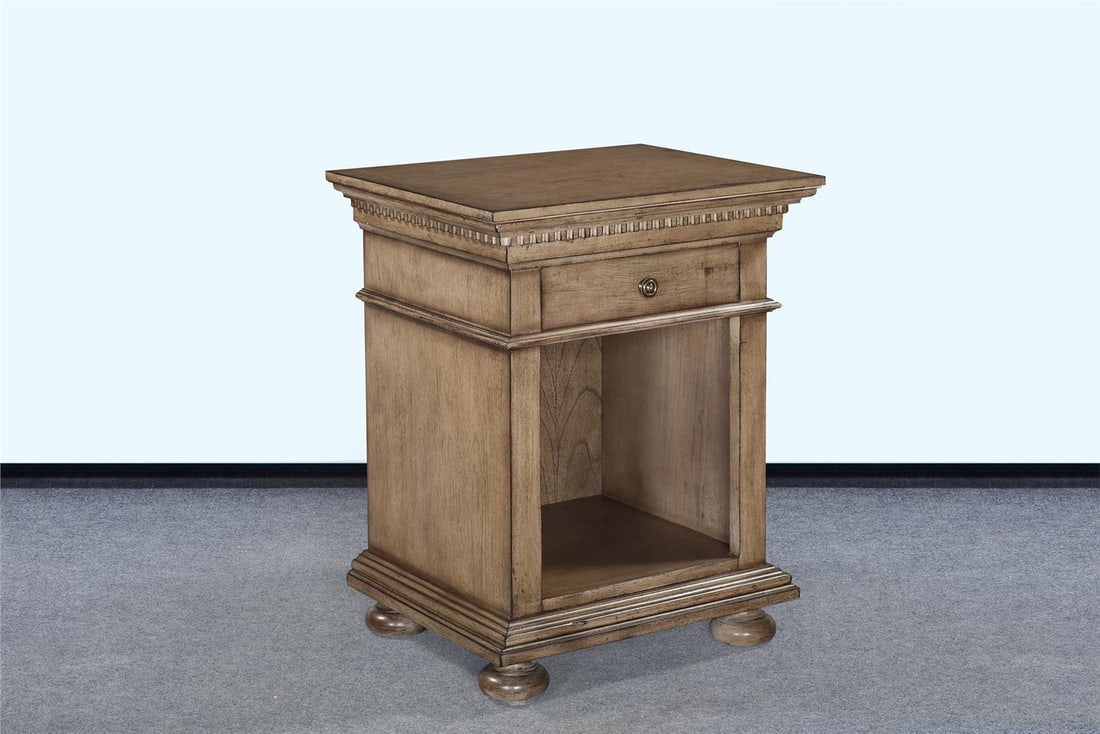 Driftwood Finish Blake Open Nightstand 30H 24W 19.5D: Driftwood Finish Blake Open Nightstand 30H 24W 19.5D Introducing the Chic Driftwood Blake Open Nightstand, a perfect blend of modern design and functionality. This nightstand features a stunning drift