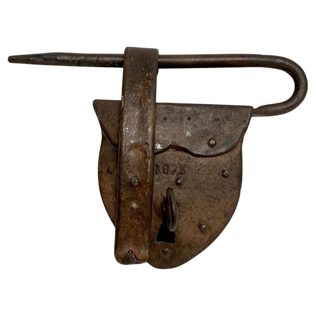 19th Century American Folk Art Heart Iron Padlock & Key Dated 1875: 19th Century American Folk Art Heart Iron Padlock & Key Dated 1875 This exquisite 19th-century American folk art piece features a heart-shaped forged iron padlock and its original key, dated 1875. The