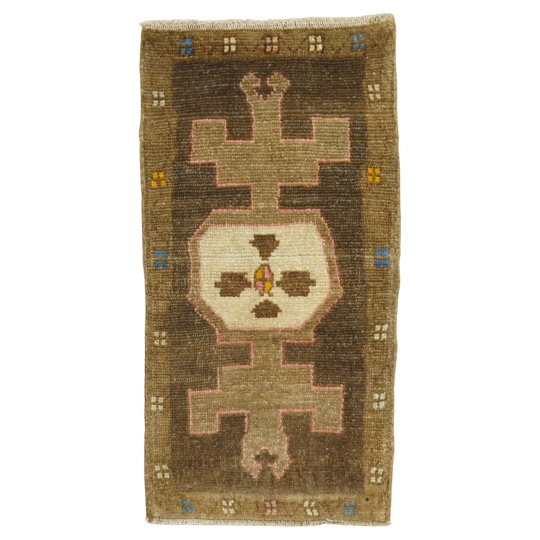 Vintage 20x36 Inch Wool Anatolian Folk Art Mini Rug: Vintage 20x36 Inch Wool Anatolian Folk Art Mini Rug This is a one-of-a-kind vintage Anatolian Turkish rug featuring a folk art style. Crafted using hand-knotted wool, the rug dates to circa 1940 and o