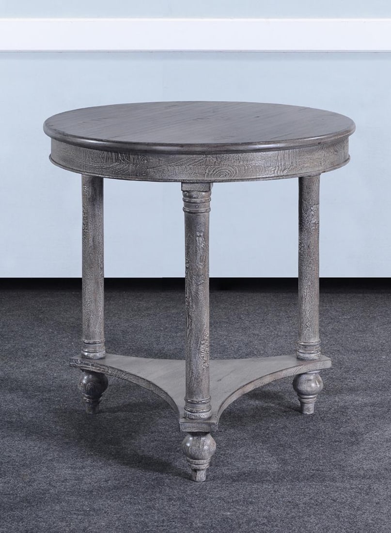 Rustic Glenbrook Gray Round Lamp Table Solid Wood Weathered Finish: Rustic Glenbrook Gray Round Lamp Table Solid Wood Weathered Finish Enhance your living space with the Rustic Glenbrook Gray Round Lamp Table. This beautifully crafted table features a weathered gray f