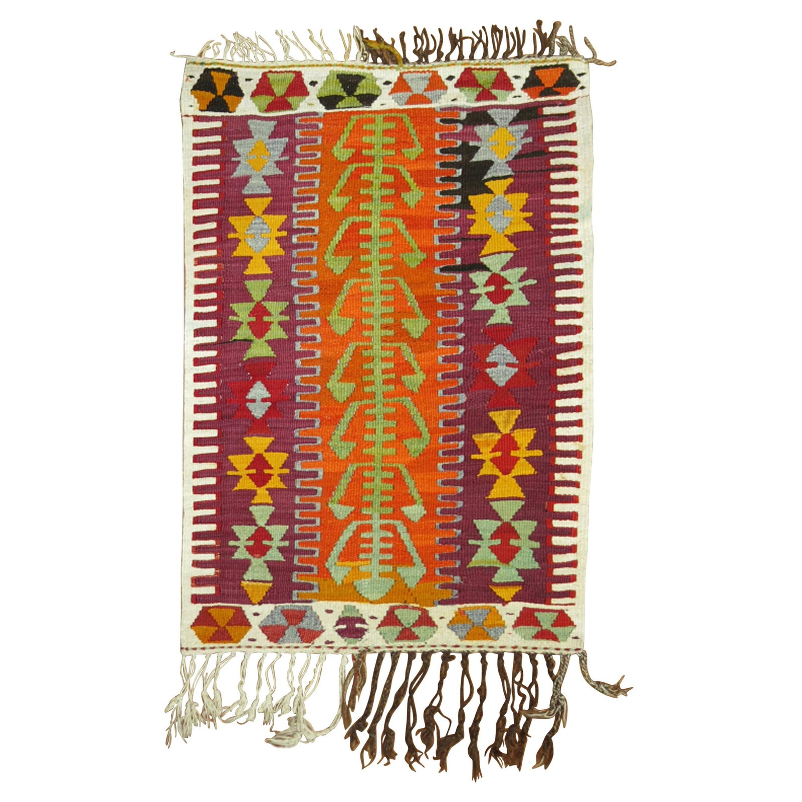 Mid-20th Century Turkish Hand-Woven Wool Kilim Rug 28 x 43 Inches: Mid-20th Century Turkish Hand-Woven Wool Kilim Rug 28 x 43 Inches This mini size Turkish Kilim from the mid-20th century features an archaistic style and is hand-woven from wool. Showcasing vibrant pu