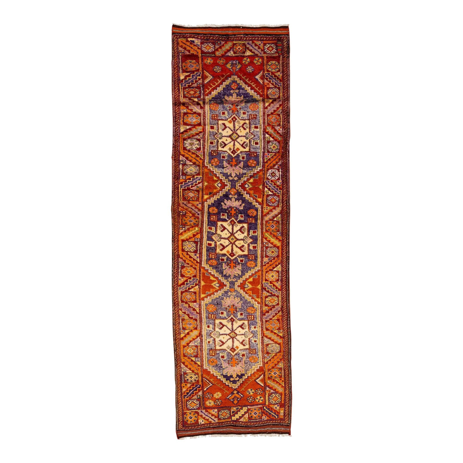 Vintage 1960s Handmade Orange Heriz Wool Runner 4' x 13'7: Vintage 1960s Handmade Orange Heriz Wool Runner 4' x 13'7 Discover this stunning vintage 1960s hand-knotted wool runner, showcasing a vibrant orange field adorned with an all-over motif featuring purp