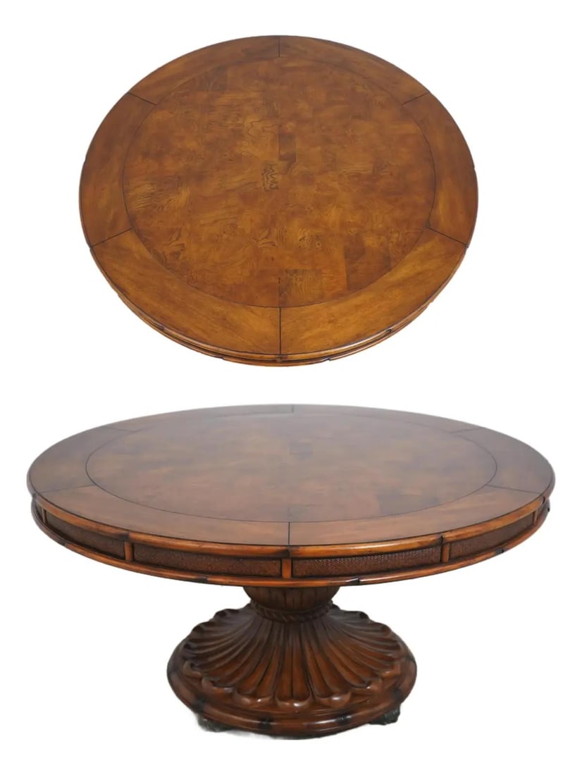 Tommy Bahama Style 60w x 60d x 30.5h Round Dining Table: Tommy Bahama Style 60w x 60d x 30.5h Round Dining Table This large round dining room table features a burl elm top, rattan accent panels on the skirt, and a pineapple-carved pedestal base. The table i
