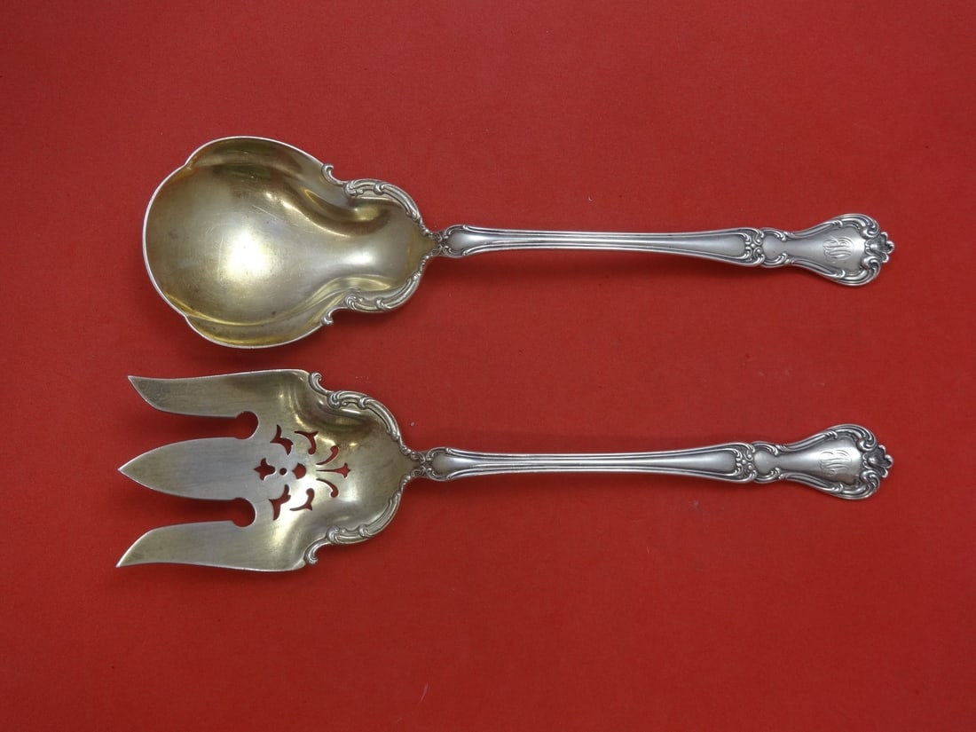 Gorham Buckingham Sterling Silver Salad Serving Set 2pc Gold Washed 10 1/4": Gorham Buckingham Sterling Silver Salad Serving Set 2pc Gold Washed 10 1/4" Elevate your dining experience with this exquisite 2-piece salad serving set from the Buckingham pattern by Gorham. Crafted 