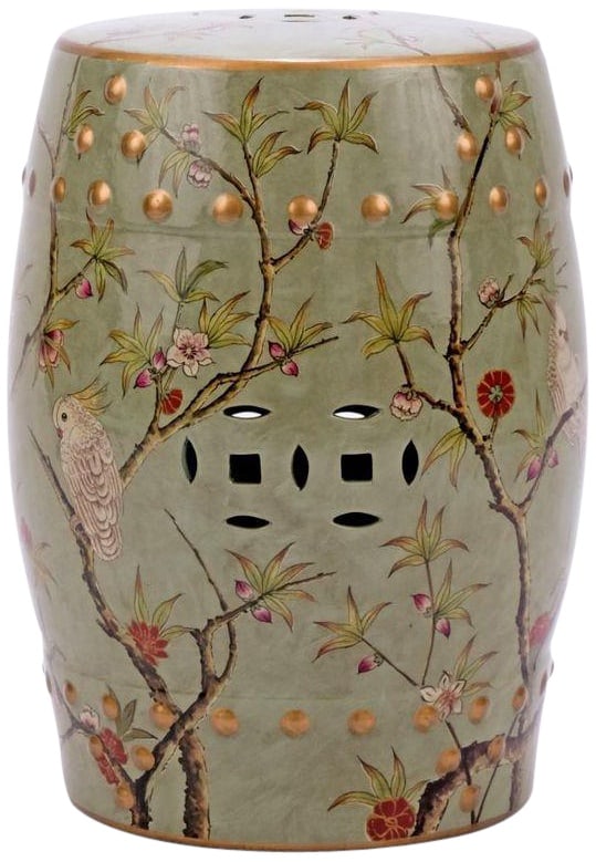 Handmade Chinoiserie Ceramic Stool with Green Bird Motif (1 of 2)