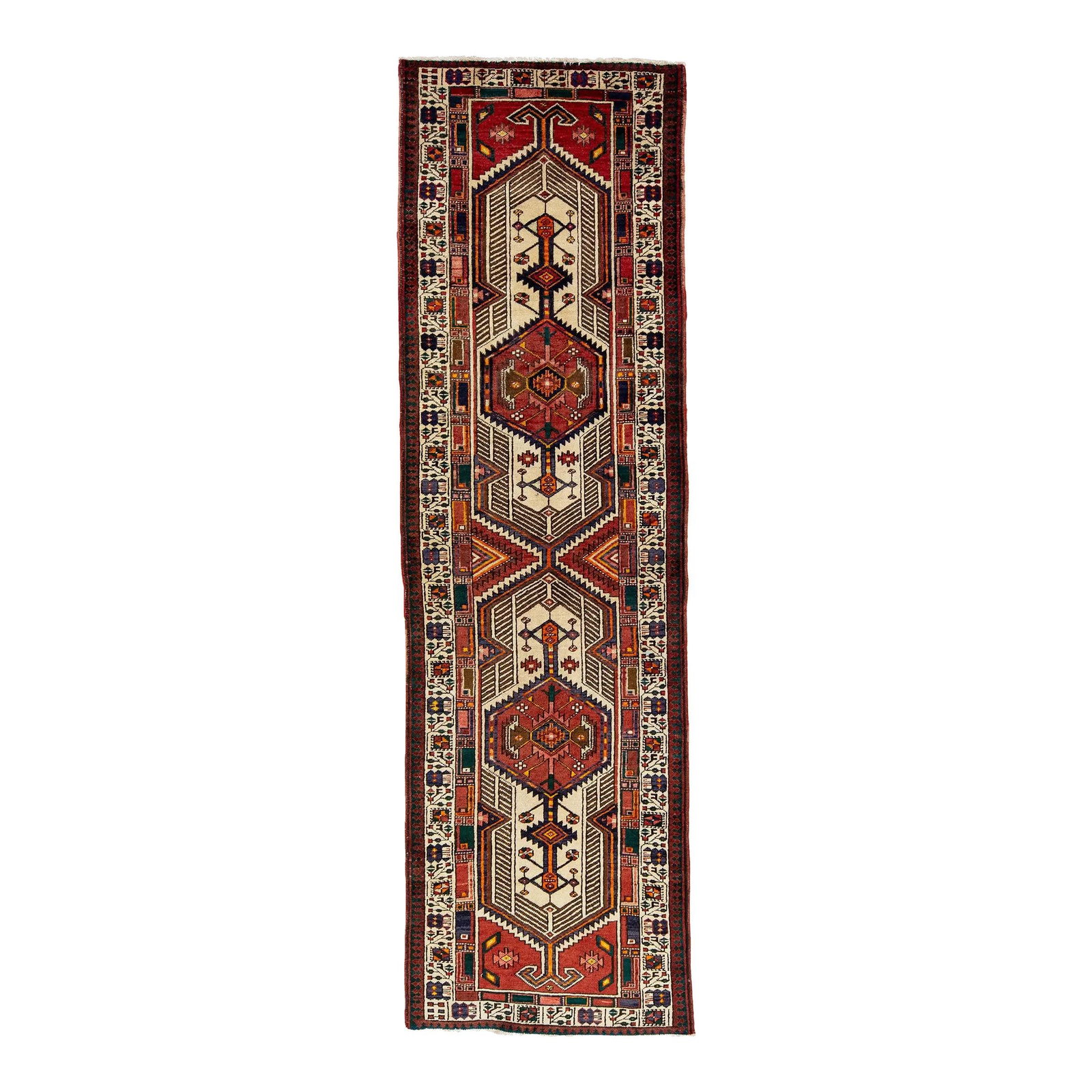 1960s Vintage Serab Wool Runner Rug Multicolor Tribal Design 3'1 x 10'5: 1960s Vintage Serab Wool Runner Rug Multicolor Tribal Design 3'1 x 10'5 This stunning vintage Serab handmade wool runner features a captivating all-over tribal motif adorned with vibrant multicolor ac