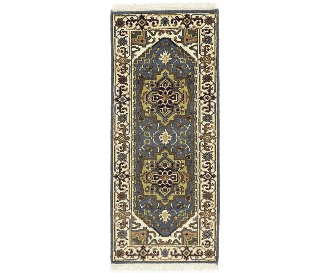 2'7 x 6'0 Wool Hand-Knotted Area Rug With Floral Motif: 2'7 x 6'0 Wool Hand-Knotted Area Rug With Floral Motif This is a hand-knotted Heriz Serapi area rug featuring a floral design with gray, cream, rust, beige, and charcoal tones. The rug is rectangular 