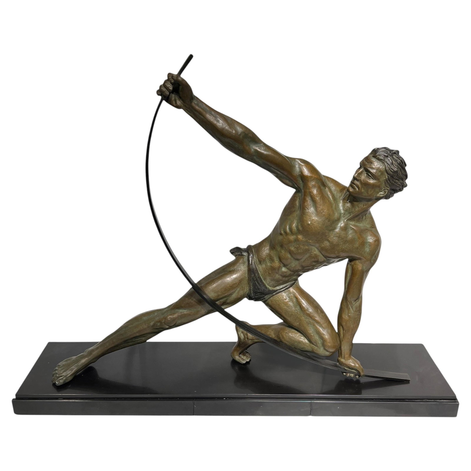 Jean de Roncourt Le Bendeur patinated bronze Art Deco figure: Jean de Roncourt Le Bendeur patinated bronze Art Deco figure This French Art Deco patinated bronze sculpture depicts a strong man and is known as Le Bendeur (The Bender). It is signed in the marble ba