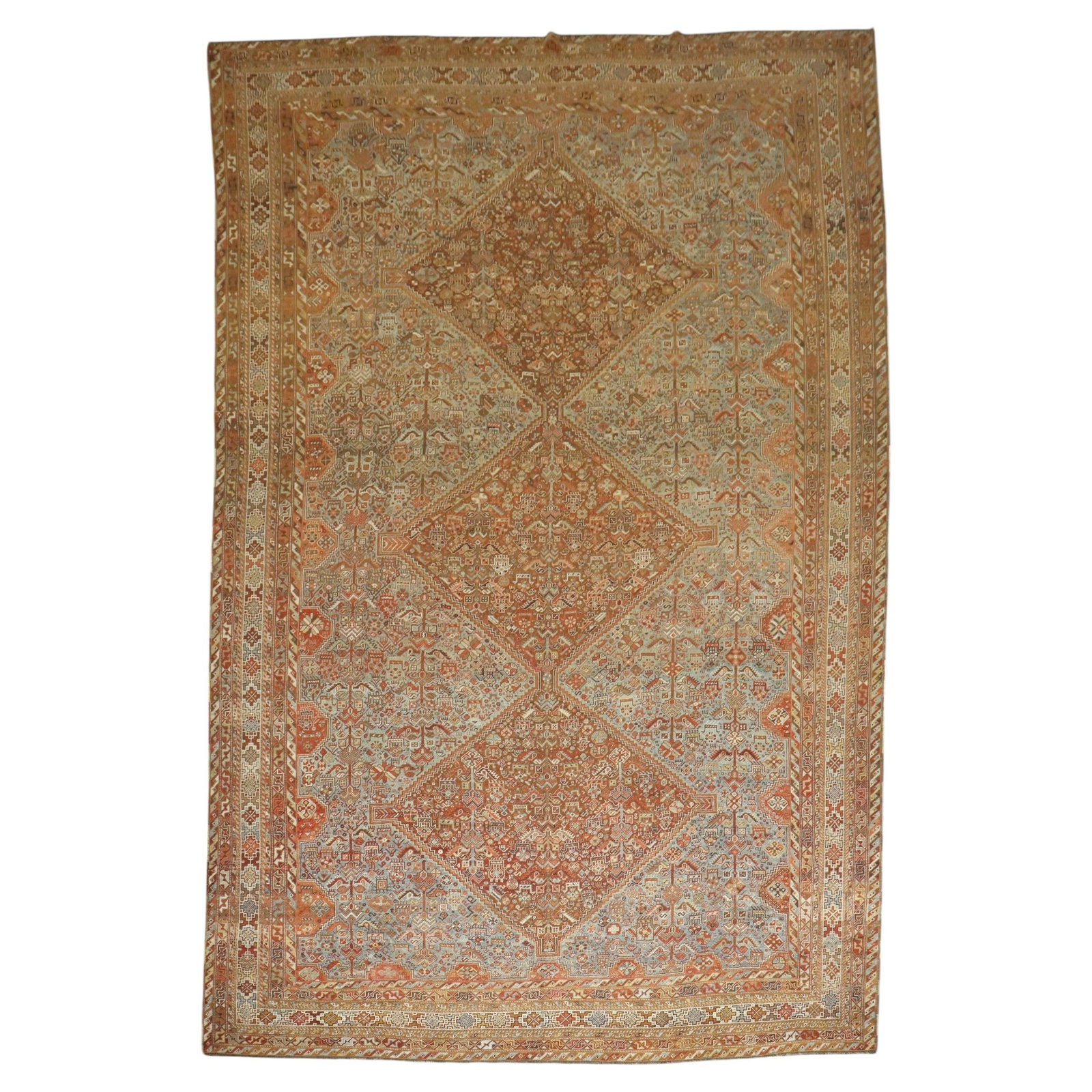Early 20th Century Afghan Wool Tribal Shiraz Rug 9' 5" x 14' 5": Early 20th Century Afghan Wool Tribal Shiraz Rug 9' 5" x 14' 5" Large tribal Shiraz geometric rug in a room-size format, described as a Persian rug from the early 20th century. It is made of wool and 