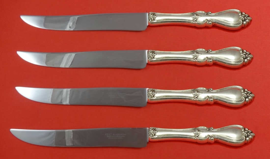 Towle Queen Elizabeth I Sterling Silver Steak Knife Set 4-Piece Texas Sized: Towle Queen Elizabeth I Sterling Silver Steak Knife Set 4-Piece Texas Sized Introducing the Towle Queen Elizabeth I Sterling Silver Steak Knife Set, a remarkable 4-piece collection inspired by the gol