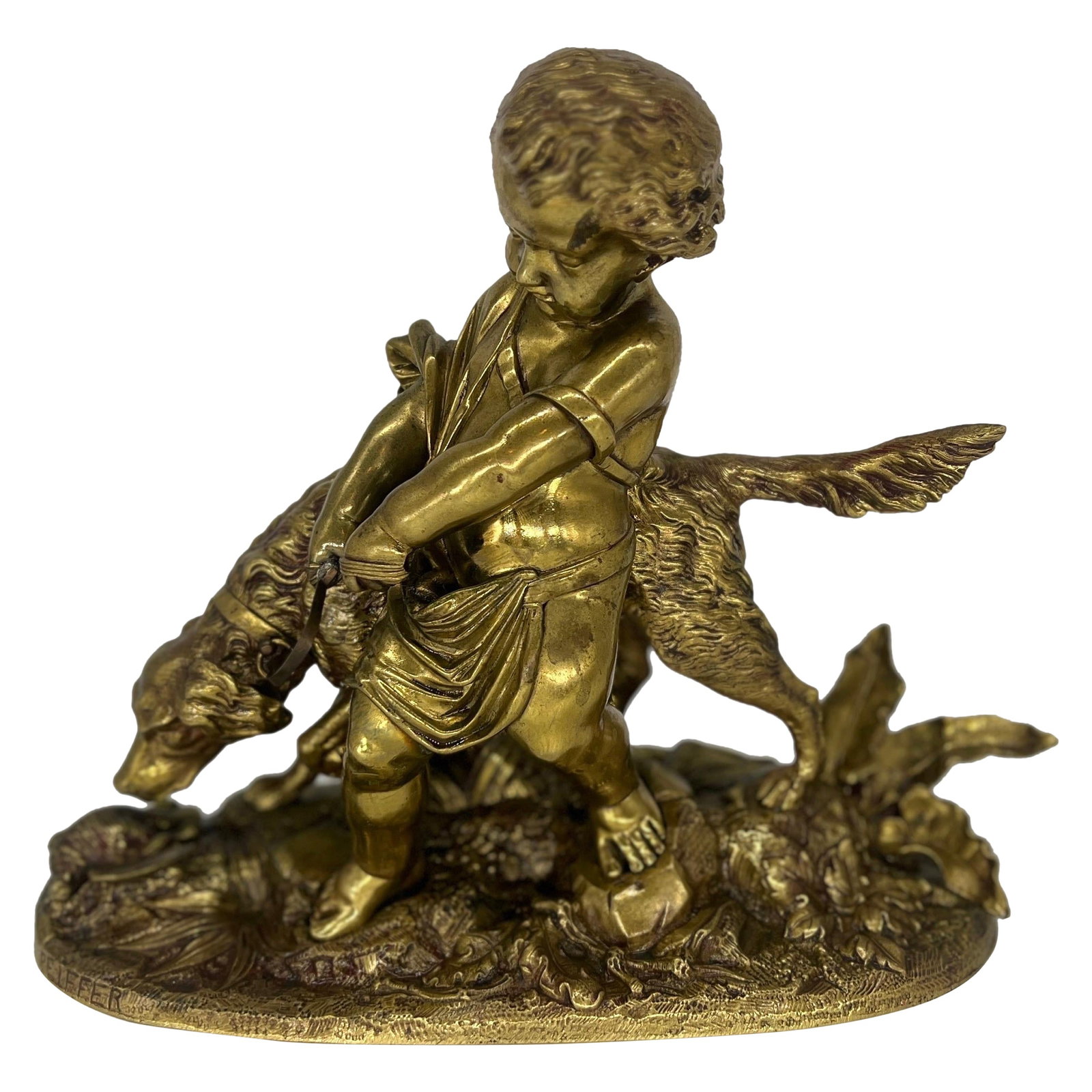 Auguste Joseph Peiffer Gilt Bronze Sculpture L'enfant et le chien 19th Century: Auguste Joseph Peiffer Gilt Bronze Sculpture L'enfant et le chien 19th Century This exquisite sculpture by Auguste Joseph Peiffer, a renowned French artist from the late 19th century, captures a tende