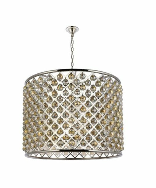Madison 12-Light Polished Nickel Crystal Chandelier 35.5 inch: Madison 12-Light Polished Nickel Crystal Chandelier 35.5 inch This modern chandelier features a polished nickel frame adorned with faceted royal cut golden teak (smoky) crystal balls. Designed for cei