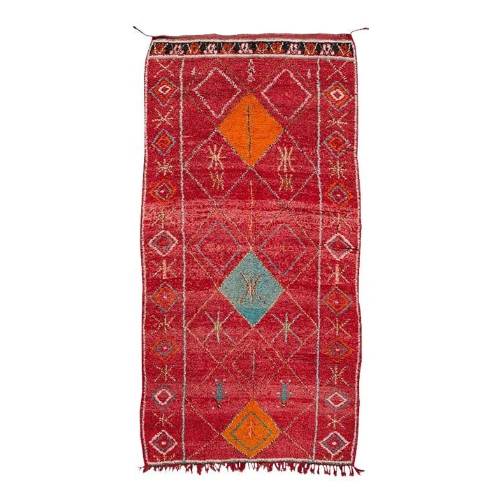 Vintage Moroccan Handmade Wool Rug Red Geometric Design 4'7 x 8'10: Vintage Moroccan Handmade Wool Rug Red Geometric Design 4'7 x 8'10 Enhance your space with this stunning Vintage Moroccan Handmade Rug. This beautiful piece features a vibrant red field adorned with m