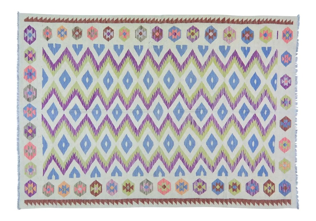 Vintage Maimana Tribal Kilim Rug in Organic Wool 5'8 x 8'1 Geometric Design: Vintage Maimana Tribal Kilim Rug in Organic Wool 5'8 x 8'1 Geometric Design This vintage Afghan Maimana tribal kilim is hand woven using organic wool and features natural colors with a geometric patte