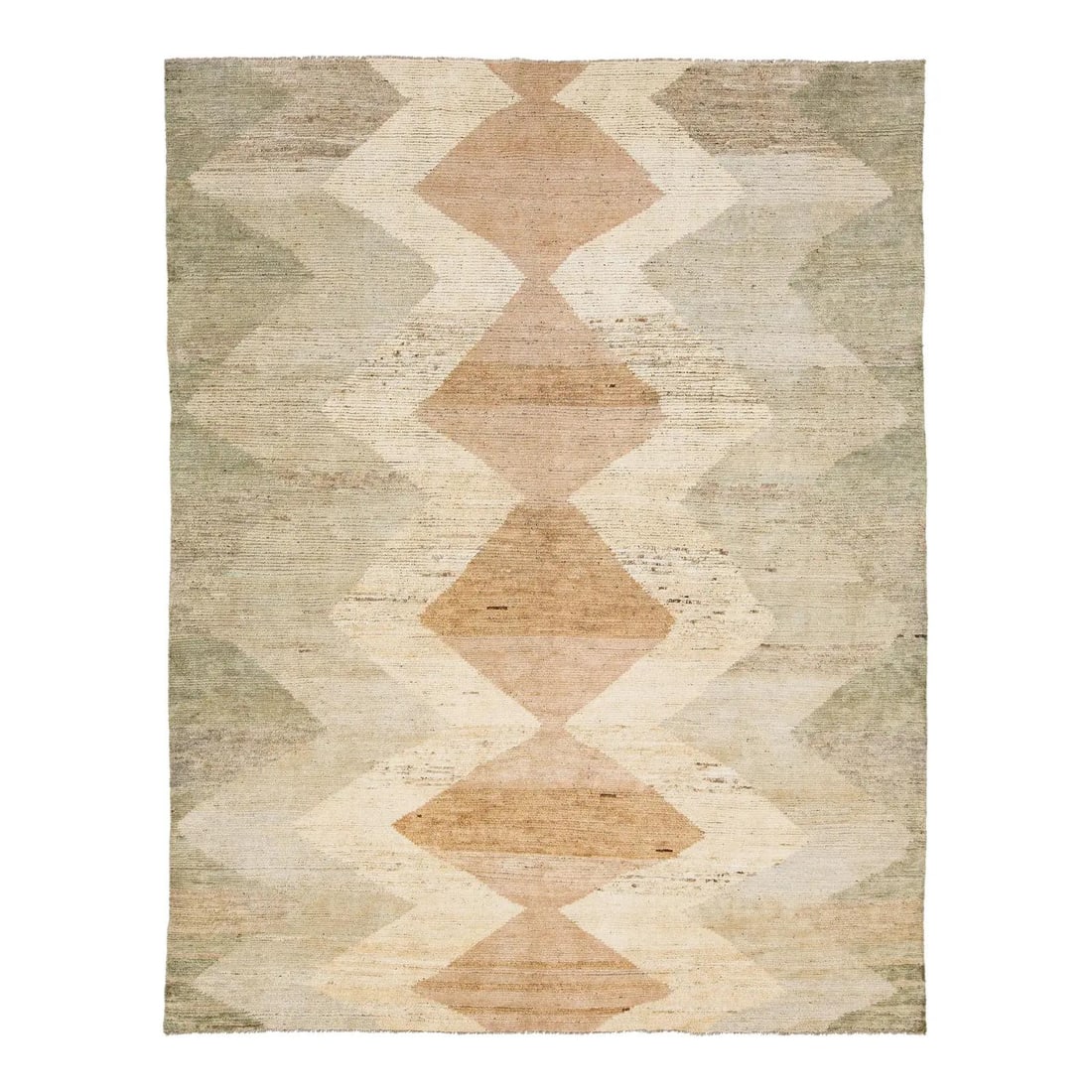 9'5 x 12'1 Wool Flatweave Rug with Tribal Diamond Pattern in Earthy Colors: 9'5 x 12'1 Wool Flatweave Rug with Tribal Diamond Pattern in Earthy Colors This flatwoven Moroccan-style wool rug features earthy tones of beige, brown, and sage green, highlighted by a bold central d