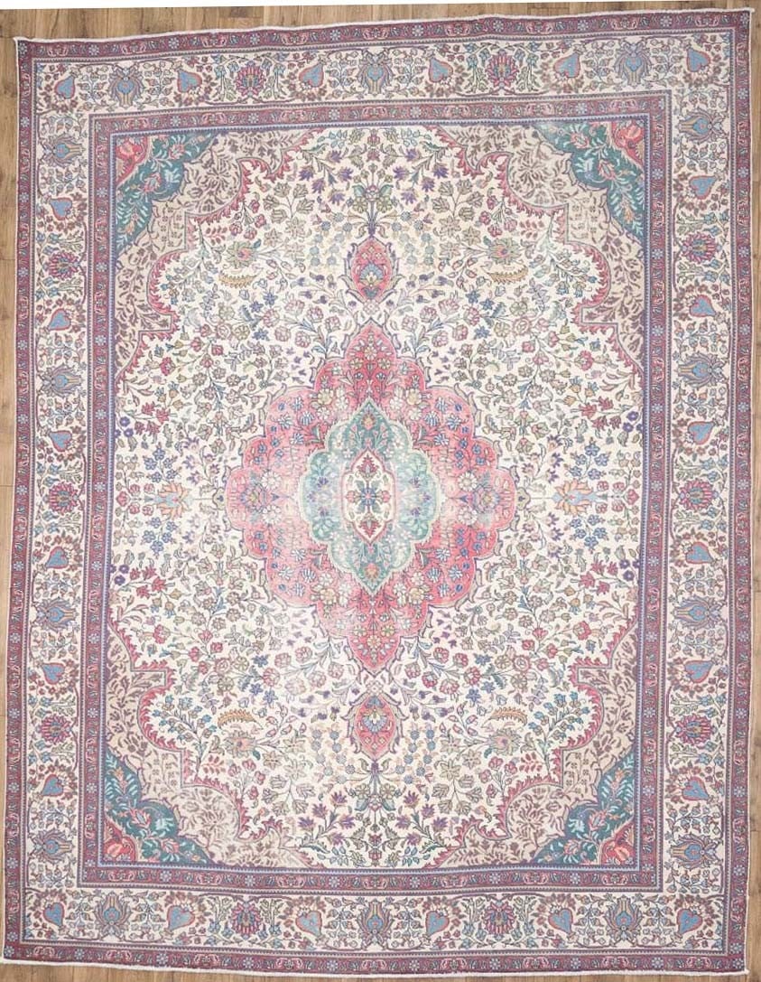 Hand Knotted Wool Tribal Floral Area Rug 9'6 x 12'3: Hand Knotted Wool Tribal Floral Area Rug 9'6 x 12'3 This semi-antique handmade rug features a tribal floral design with a distressed finish, crafted using a hand-knotted technique from wool. The rug d