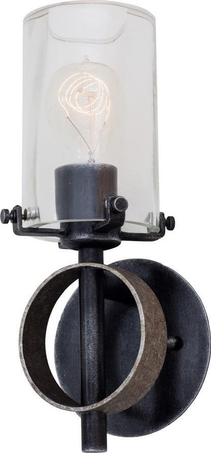 Kalco Irvine Iron Hand-Forged Industrial Wall Sconce 1-Light Dimmable: Kalco Irvine Iron Hand-Forged Industrial Wall Sconce 1-Light Dimmable Illuminate your space with this Hand-Forged Industrial Sconce, crafted to order in a vintage style. Made from durable hand-blown g