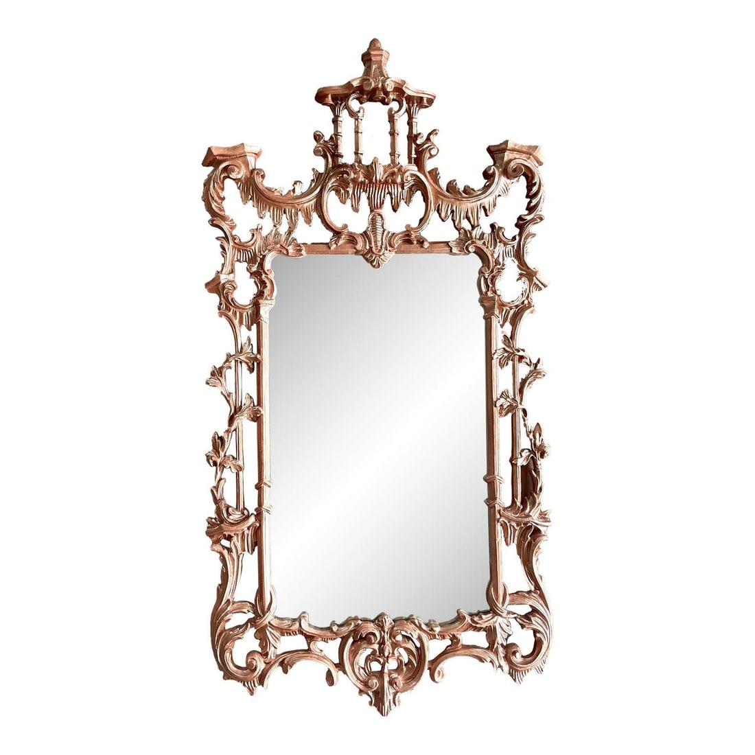 Vintage Pagoda Mirror with Copper Finish and Ornate Frame: Vintage Pagoda Mirror with Copper Finish and Ornate Frame This vintage pagoda mirror is a stunning blend of Hollywood Regency glamour and Chinoiserie elegance. Its exceptionally ornate frame features 