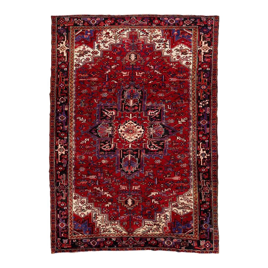 Vintage 1960s Persian Heriz Hand-Knotted Red Wool Rug 8' x 11'1'': Vintage 1960s Persian Heriz Hand-Knotted Red Wool Rug 8' x 11'1'' Immerse yourself in the timeless elegance of this 1960s Persian Heriz rug, featuring a striking red field adorned with intricate ivory