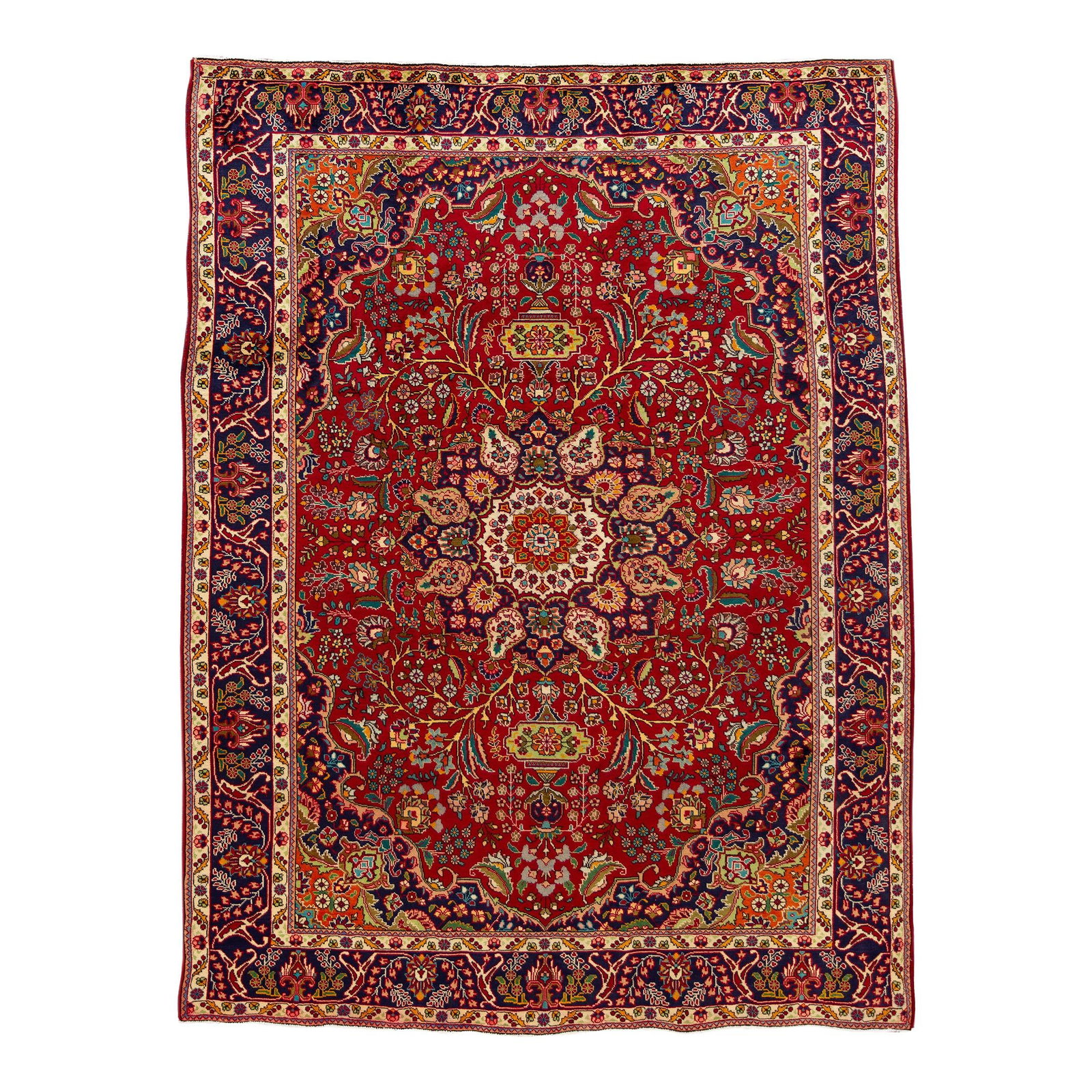 Vintage Persian Tabriz Red Floral Wool Rug 8'3 x 10'10: Vintage Persian Tabriz Red Floral Wool Rug 8'3 x 10'10 This exquisite Vintage Persian Tabriz Handmade Wool Rug features a striking red field adorned with a vibrant all-over medallion floral motif. Han