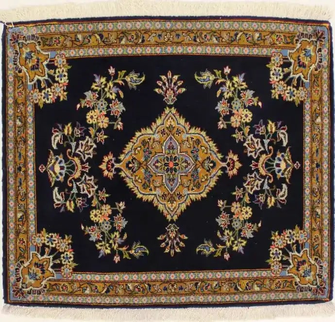 Hand-Knotted Wool Area Rug 2'9 x 3' Navy Blue Floral Pattern: Hand-Knotted Wool Area Rug 2'9 x 3' Navy Blue Floral Pattern This handmade area rug features a navy blue background with a floral design and accents in caramel, light blue, red, salmon, and olive gree