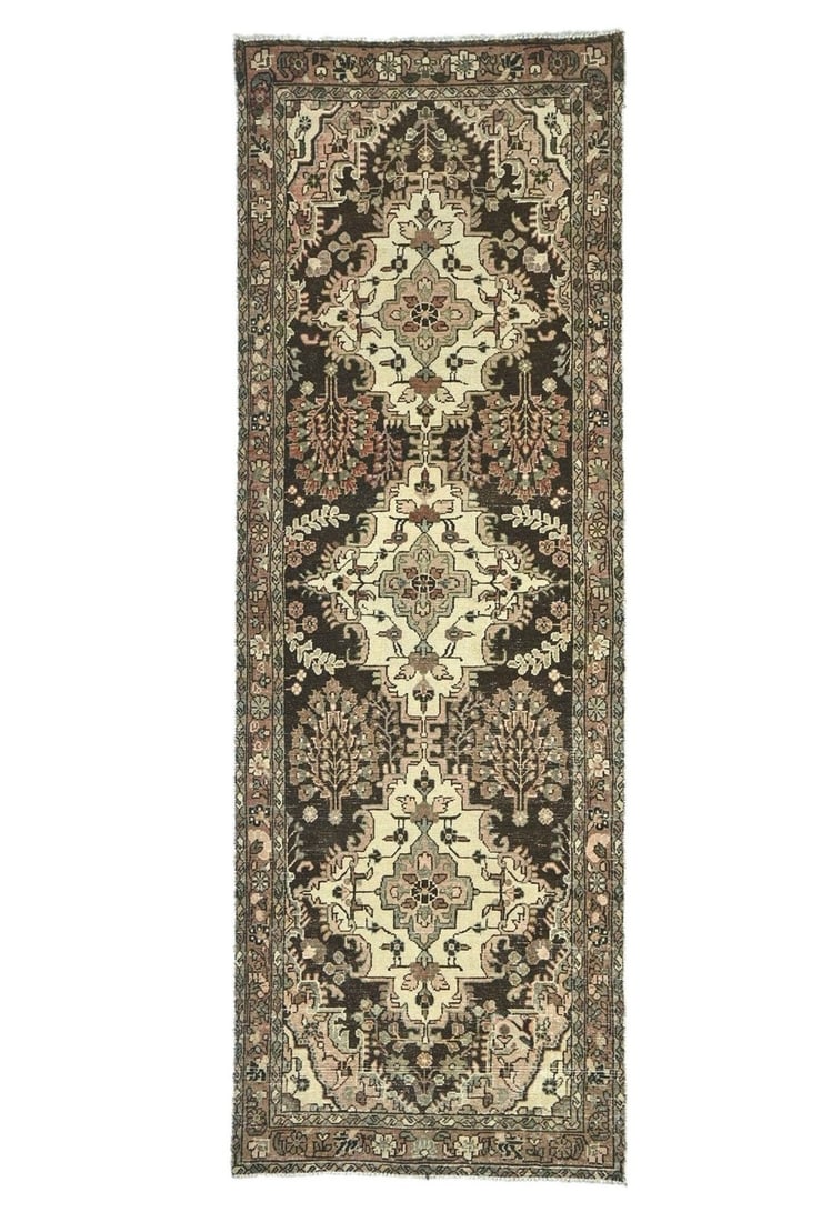 Vintage Hand-Knotted 3'3 x 9'6 Tribal Runner Rug in Muted Colors: Vintage Hand-Knotted 3'3 x 9'6 Tribal Runner Rug in Muted Colors Add a touch of elegance to your space with this Distressed Vintage Oriental Runner Rug. Measuring 3'3" x 9'6", this rug features a capt