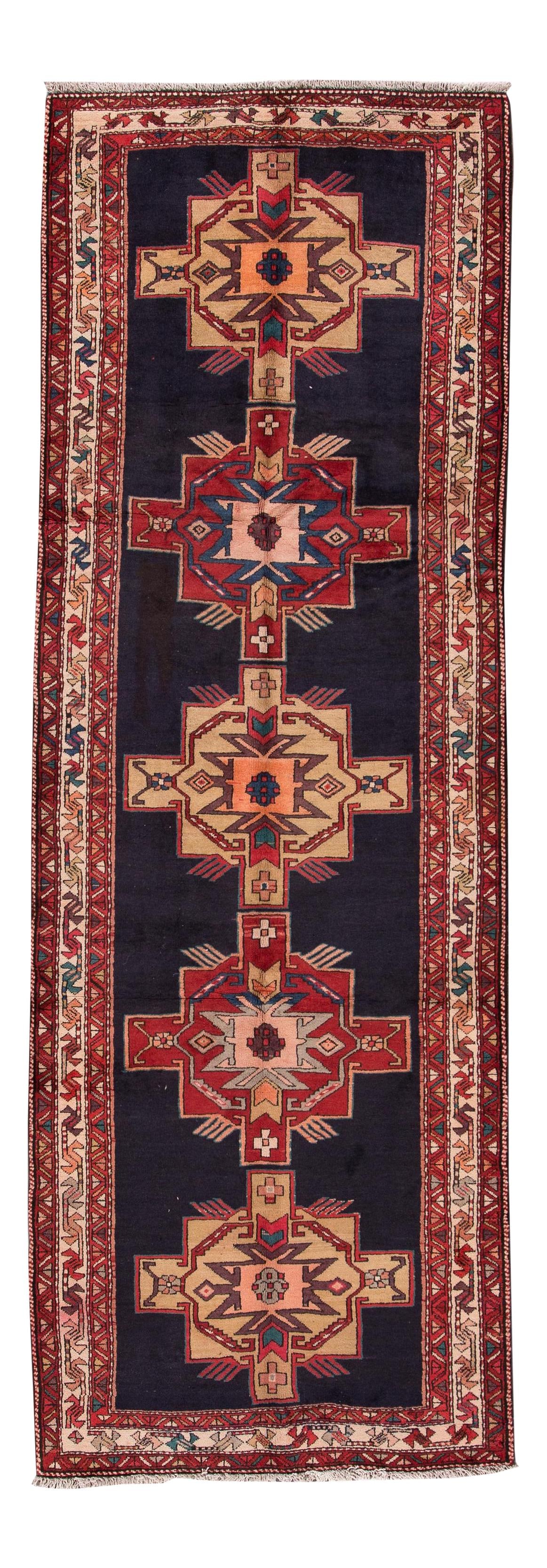 Vintage Heriz Handmade Wool Rug Blue 3'7 x 10'2 Geometric Medallion: Vintage Heriz Handmade Wool Rug Blue 3'7 x 10'2 Geometric Medallion This stunning Vintage Heriz Handmade Wool Rug features a captivating red field adorned with multicolor accents in a striking allover