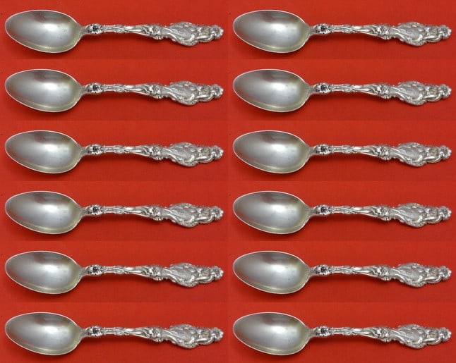 Gorham Whiting Lily Sterling Silver Demitasse Spoon Set 12 Pieces: Gorham Whiting Lily Sterling Silver Demitasse Spoon Set 12 Pieces This exquisite 12-piece demitasse spoon set features the elegant Lily pattern by Whiting, crafted from high-quality sterling silver. E