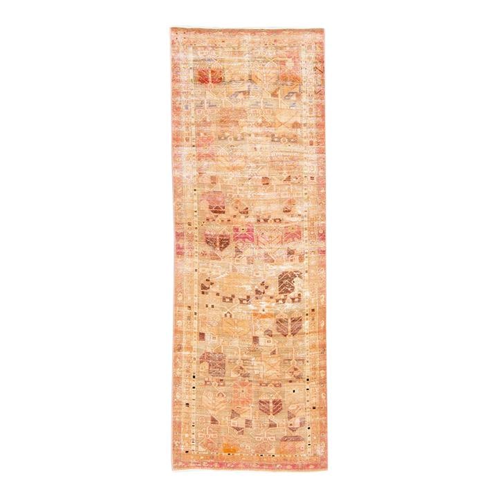 Vintage Handmade Geometric Peach Wool Runner 3'8 x 10'5: Vintage Handmade Geometric Peach Wool Runner 3'8 x 10'5 Enhance your space with this stunning 1960s vintage geometric hand-knotted wool runner. Featuring a captivating peach field adorned with blue, p