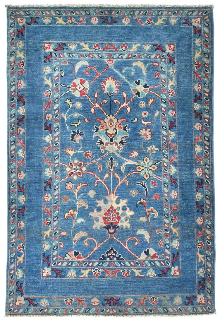 Handmade Floral Kazak Design Area Rug 3x5 Wool Blue Modern: Handmade Floral Kazak Design Area Rug 3x5 Wool Blue Modern Enhance your space with this exquisite Floral Modern Kazak Design Rug, measuring 3'3" x 4'10". Hand-knotted in Pakistan, this area rug showca