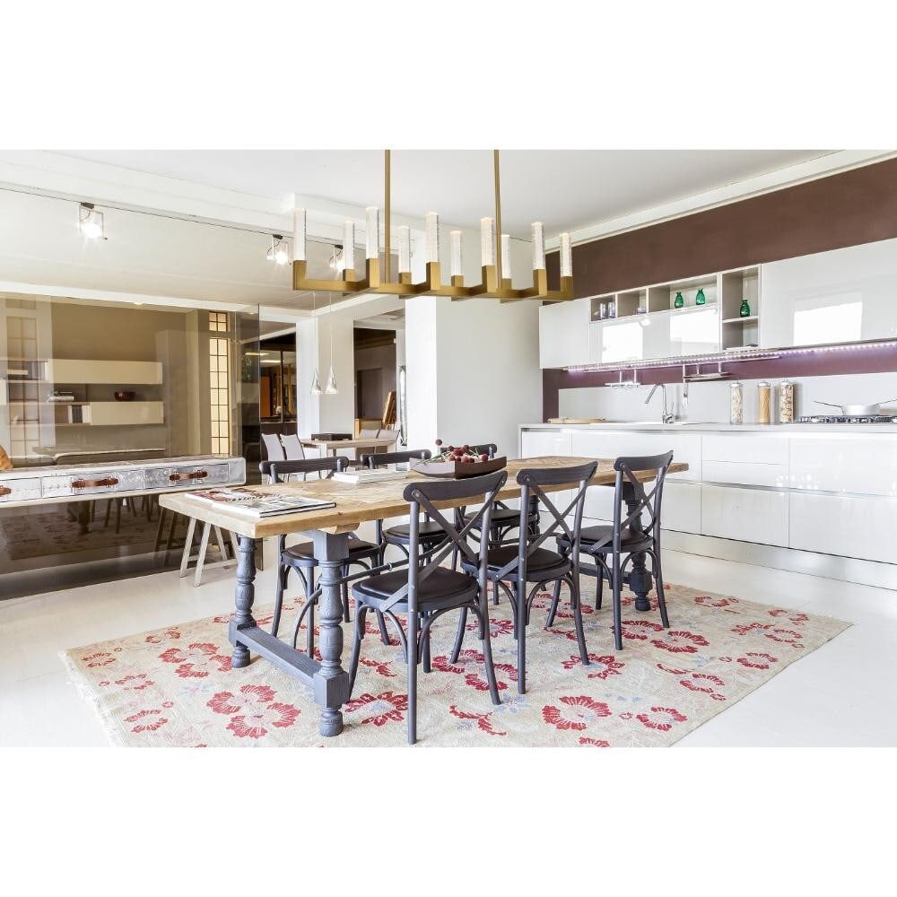 Noemi Satin Gold Crystal LED Chandelier 48 Inch Adjustable: Noemi Satin Gold Crystal LED Chandelier 48 Inch Adjustable This Noemi 48-inch modern chandelier features a linear design with a satin gold finish and seeded crystal glass rods, creating a striking pla