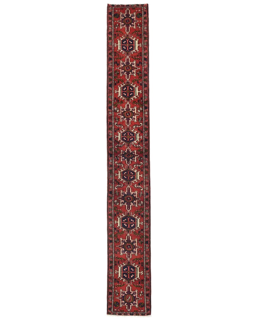 Hand Knotted Wool Geometric Tribal Runner Rug 1'11 x 13'5: Hand Knotted Wool Geometric Tribal Runner Rug 1'11 x 13'5 This vintage handmade runner rug features a geometric tribal pattern in a variety of colors including red, charcoal, cream, olive, coral, and 