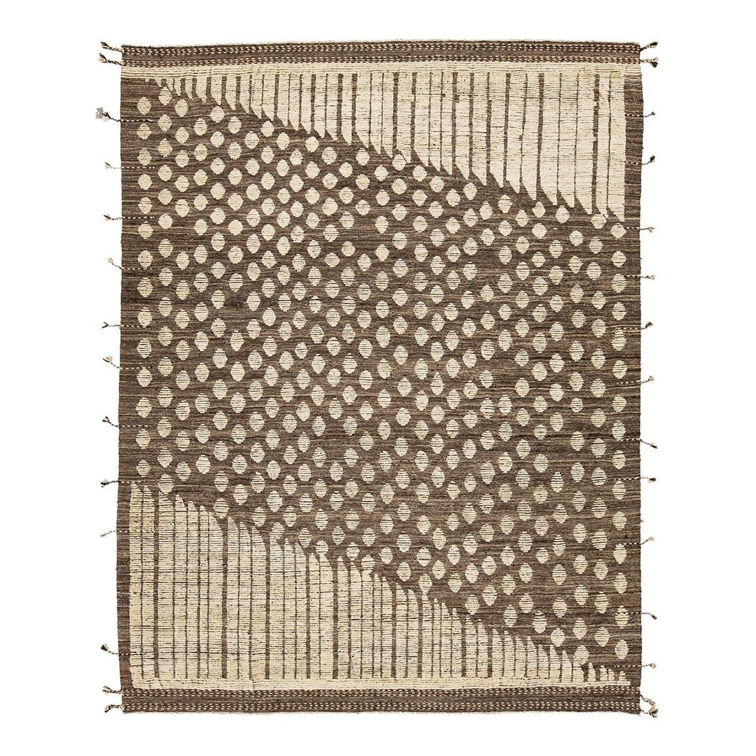 Handmade Moroccan Wool Rug 9'5 x 12'1 Brown Geometric Design: Handmade Moroccan Wool Rug 9'5 x 12'1 Brown Geometric Design Enhance your living space with this stunning contemporary handmade Moroccan style wool rug. Featuring a beautiful blend of brown and gray, 
