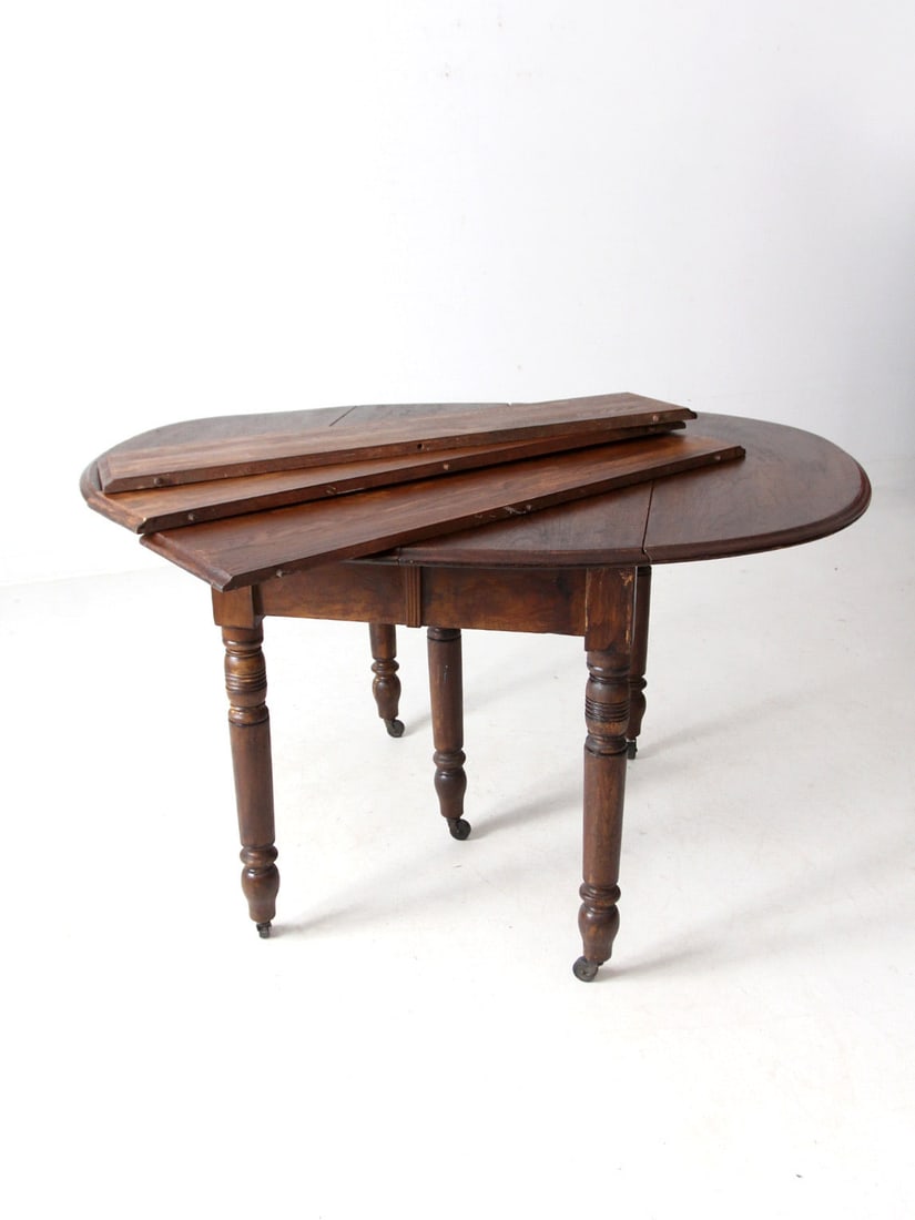 Antique Drop Leaf Dining Table with 2 Extensions and Casters - 14