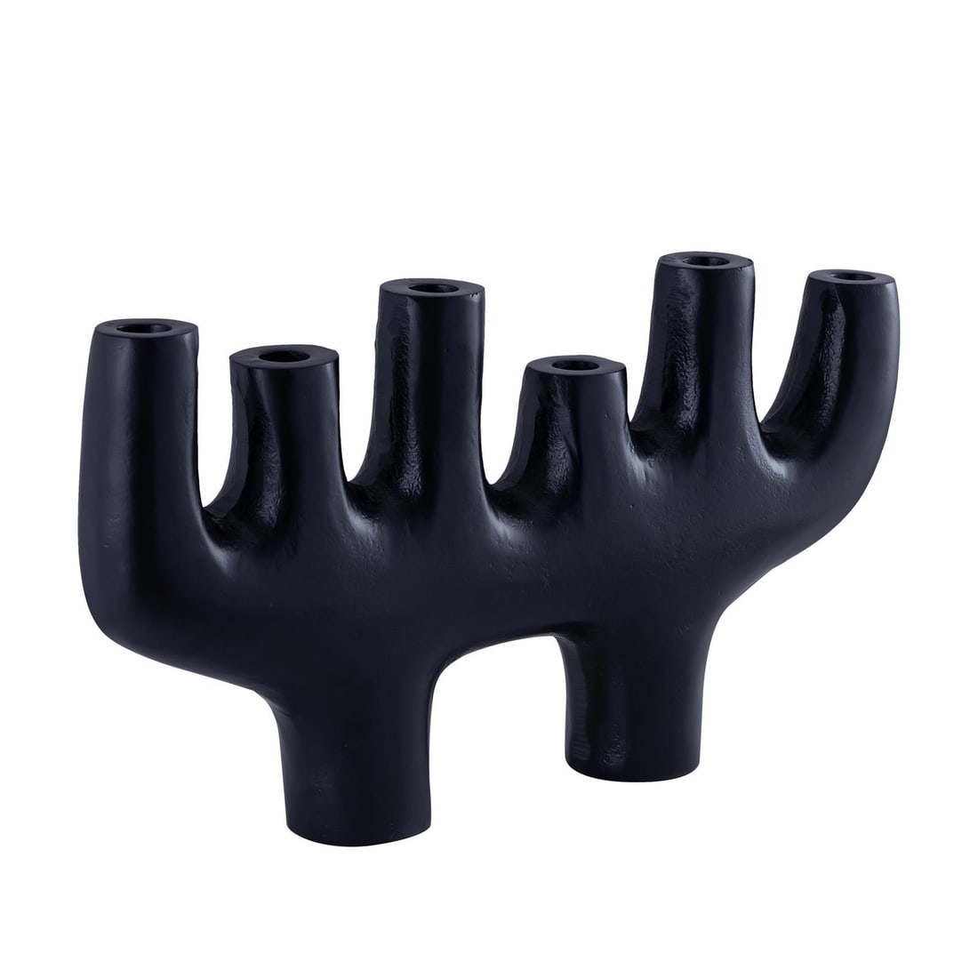 Fran Black Aluminum Candle Holder 10H x 18.5W x 3D: Fran Black Aluminum Candle Holder 10H x 18.5W x 3D Enhance your home decor with the Stylish Fran Black Aluminum Candle Holder. This modern piece stands at a height of 10 inches, with a width of 18.50 