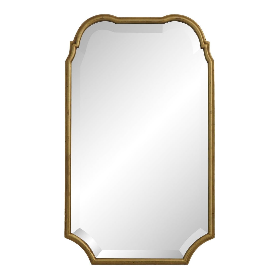 Beveled Glass Mirror With Gold Leaf Finish by Friedman Brothers: Beveled Glass Mirror With Gold Leaf Finish by Friedman Brothers This Friedman Brothers mirror from circa 1973 features a Colonial Williamsburg style with a shapely frame and genuine gold leaf finish. 