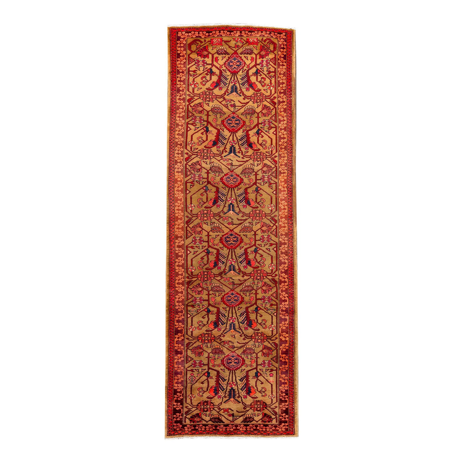 Mid 20th Century Persian Heriz Handmade Wool Runner Beige Floral 4 x 12'6: Mid 20th Century Persian Heriz Handmade Wool Runner Beige Floral 4 x 12'6 Enhance your space with this stunning vintage Persian Heriz handmade wool runner, featuring a beautifully knotted design in a 