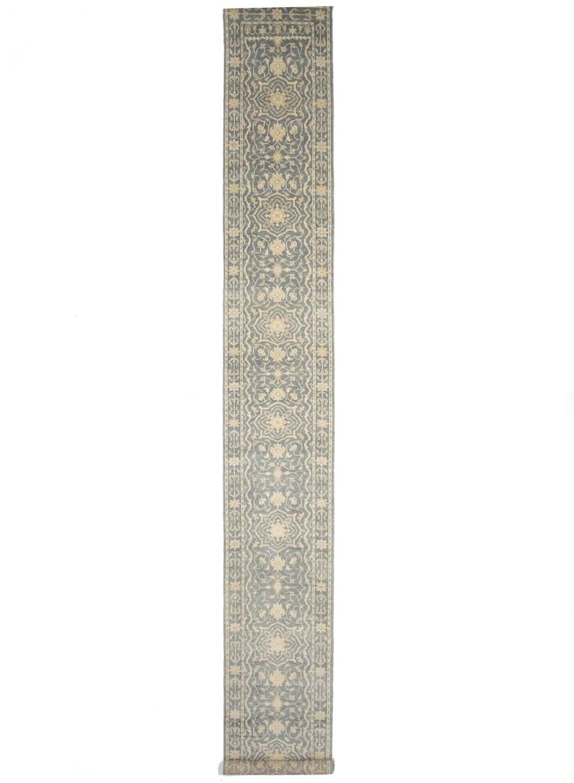 Wool Floral Hallway Runner 2'6X19'11 Hand Knotted Traditional: Wool Floral Hallway Runner 2'6X19'11 Hand Knotted Traditional This hand-knotted oriental runner rug features a traditional floral pattern in muted tones of gray, cream, beige, and taupe. Crafted from 