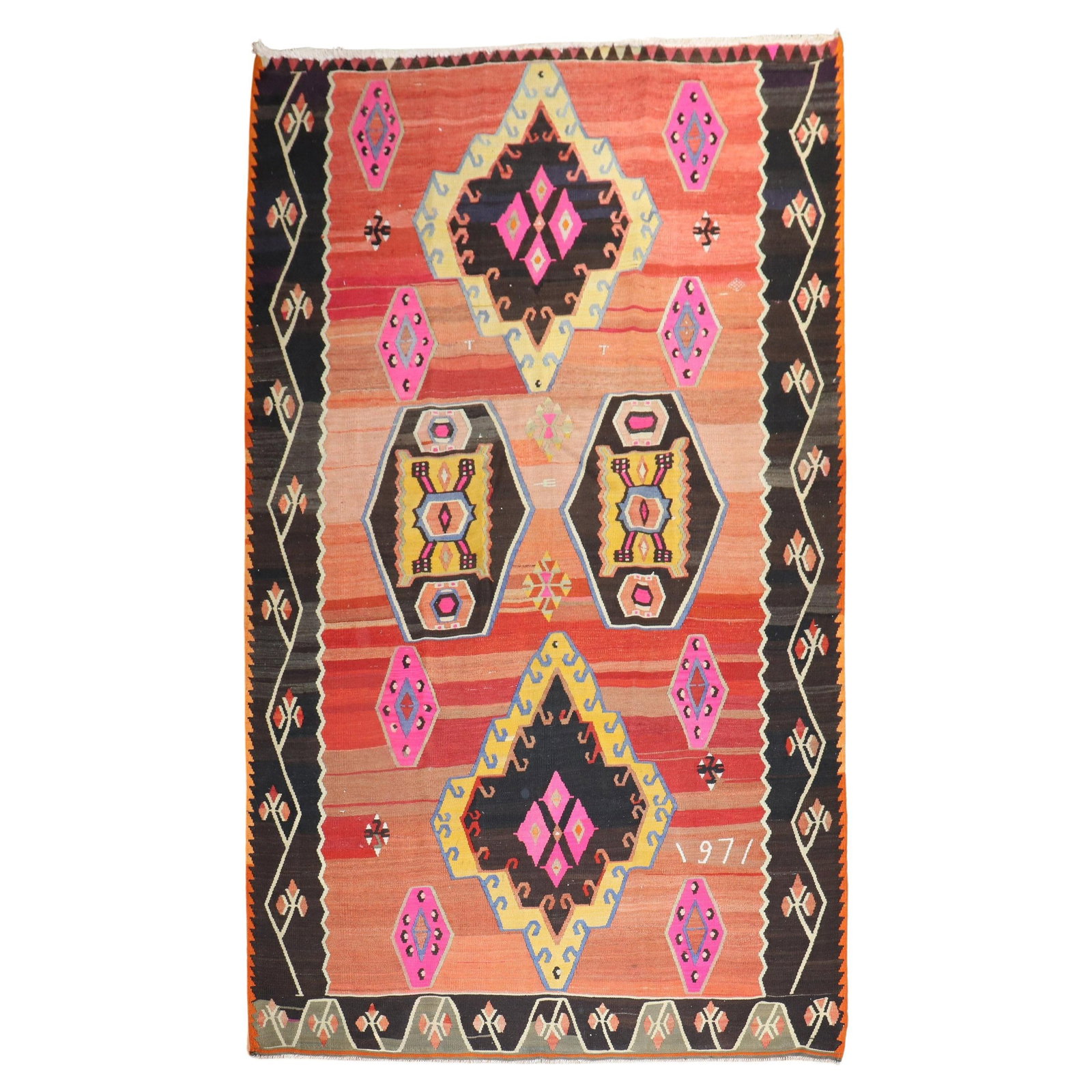 Unique 1971 Turkish Kilim Hand-Knotted Wool 6' x 10'5' Bohemian Style: Unique 1971 Turkish Kilim Hand-Knotted Wool 6' x 10'5' Bohemian Style Discover this stunning large-scale Turkish Kilim, a unique piece from 1971 that showcases a captivating all-over geometric